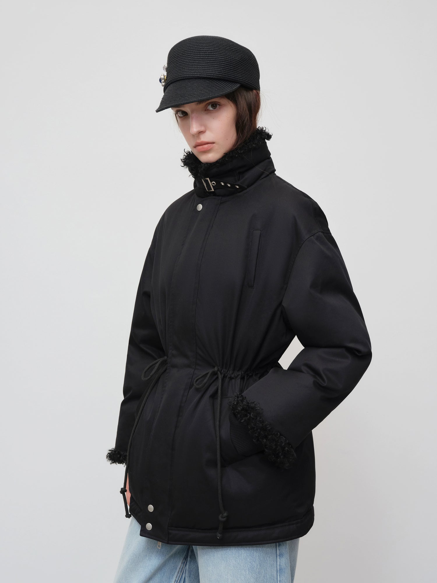Black Longline Fleece Collar Windbreaker