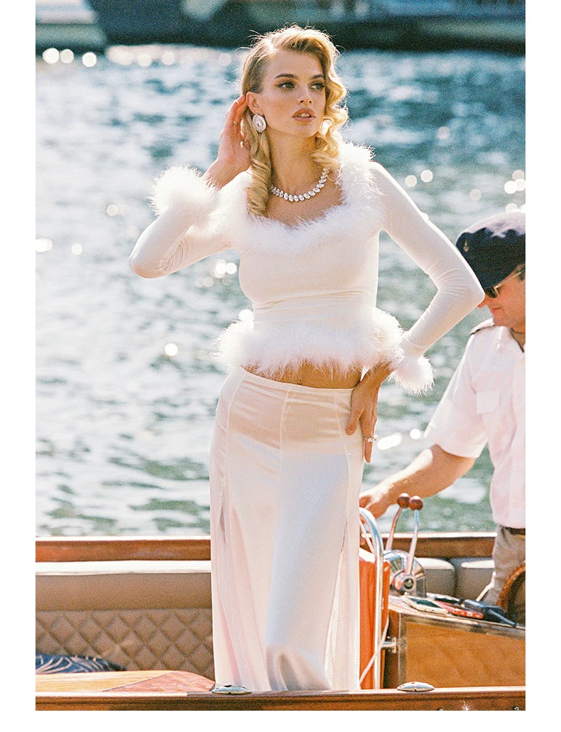 Feather-Trim Long-Sleeve Knit Top