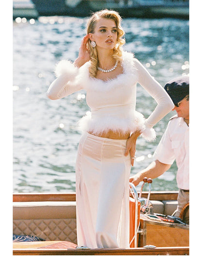 Feather-Trim Long-Sleeve Knit Top