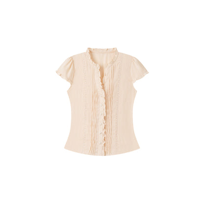 Ruffle Lace Waist-Fit Short Sleeve Blouse