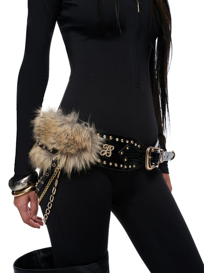 Black Fur-Trim Chain Ring Belt