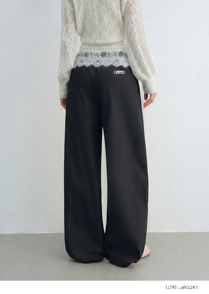 Lace Panel Drawstring Waist Wide-Leg Casual Pants