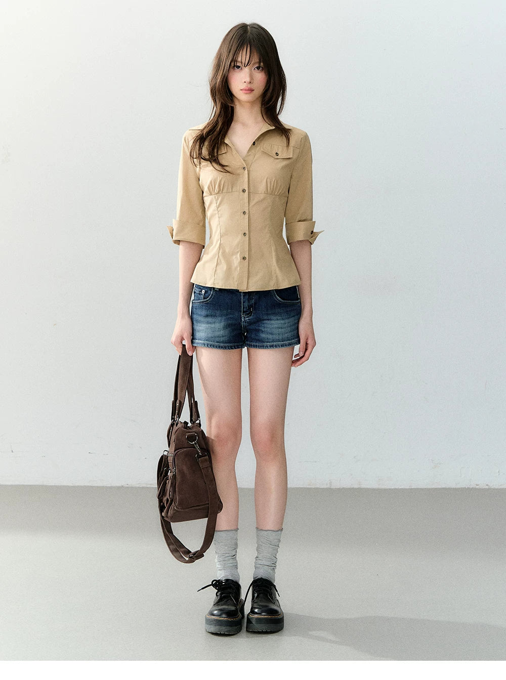 Waist-Cinched Mid-Sleeve Fitted Pocket Shirt