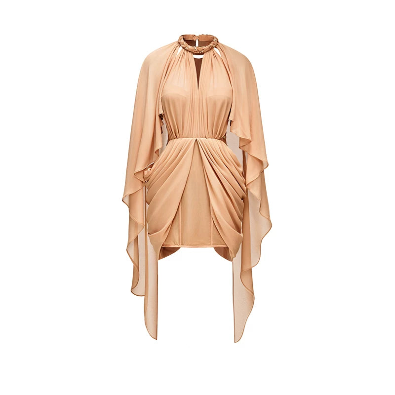 Draped Shawl Detail Halter Corset Dress Brown / L