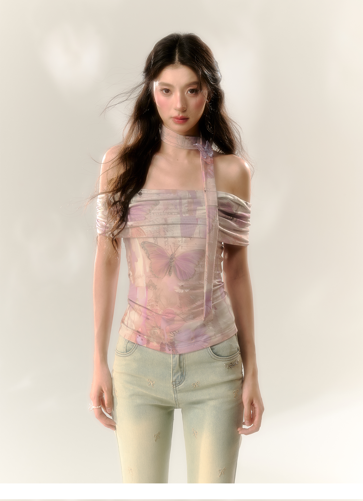 Purple Butterfly &amp; Pink Butterfly Mesh One-shoulder T-shirt - CHINASQUAD
