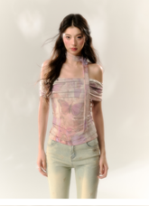 Purple Butterfly & Pink Butterfly Mesh One-shoulder T-shirt - CHINASQUAD