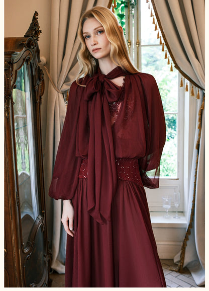 Milena Chiffon Lace Lantern Sleeve Midi Dresse