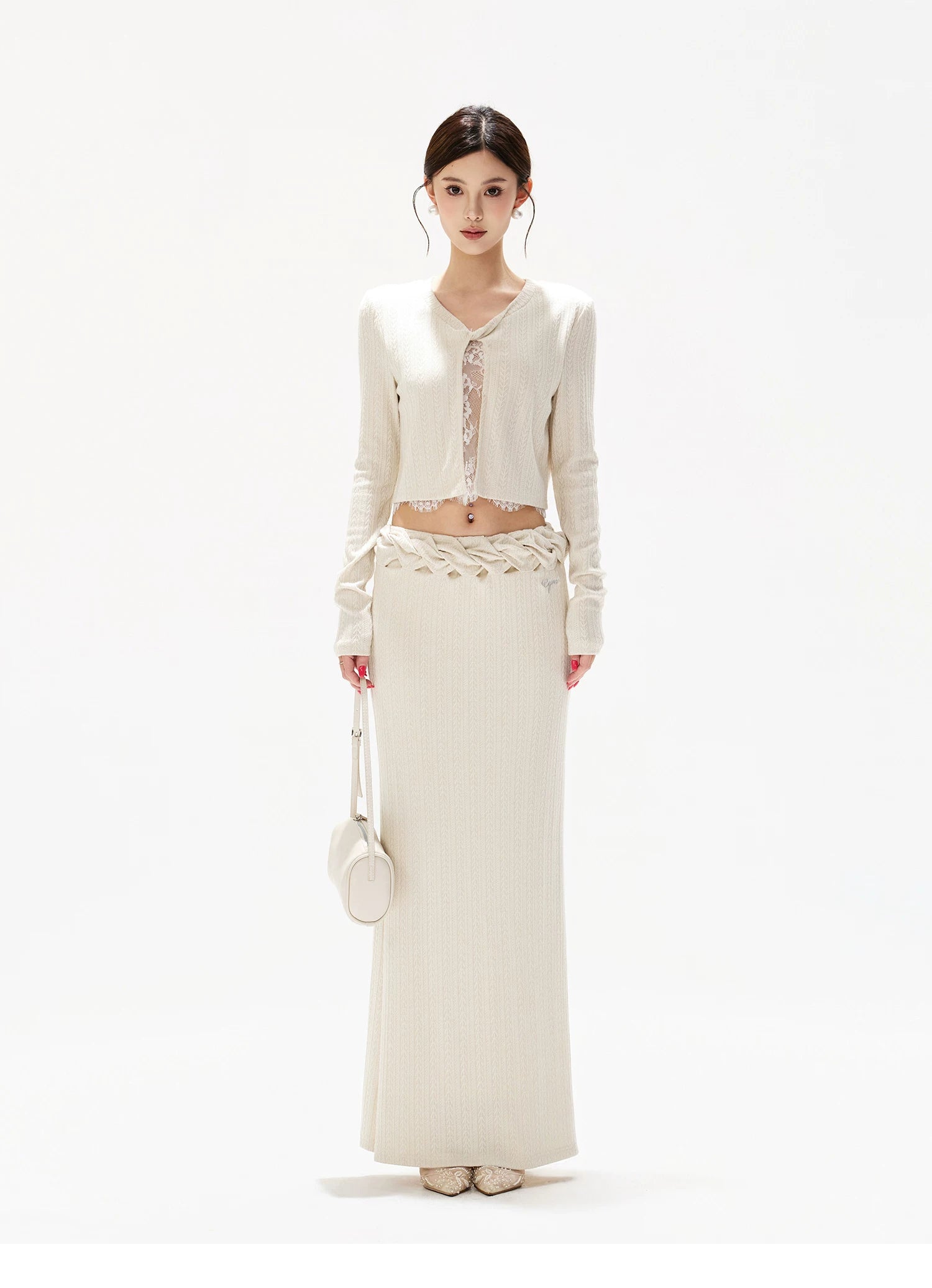 Apricot Lace Panel Knit Two-Piece Set