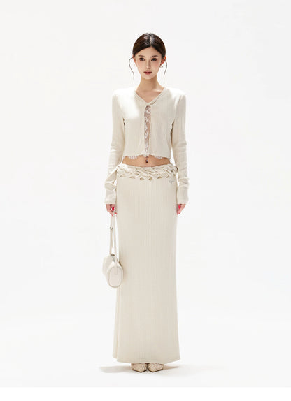 Apricot Lace Panel Knit Two-Piece Set