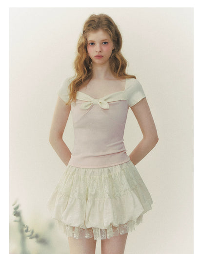 Contrast Bow Square-Neck Fitted Tee