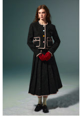 Black Fringed Woolen Jacket & Pleated Skirt Set - CHINASQUAD