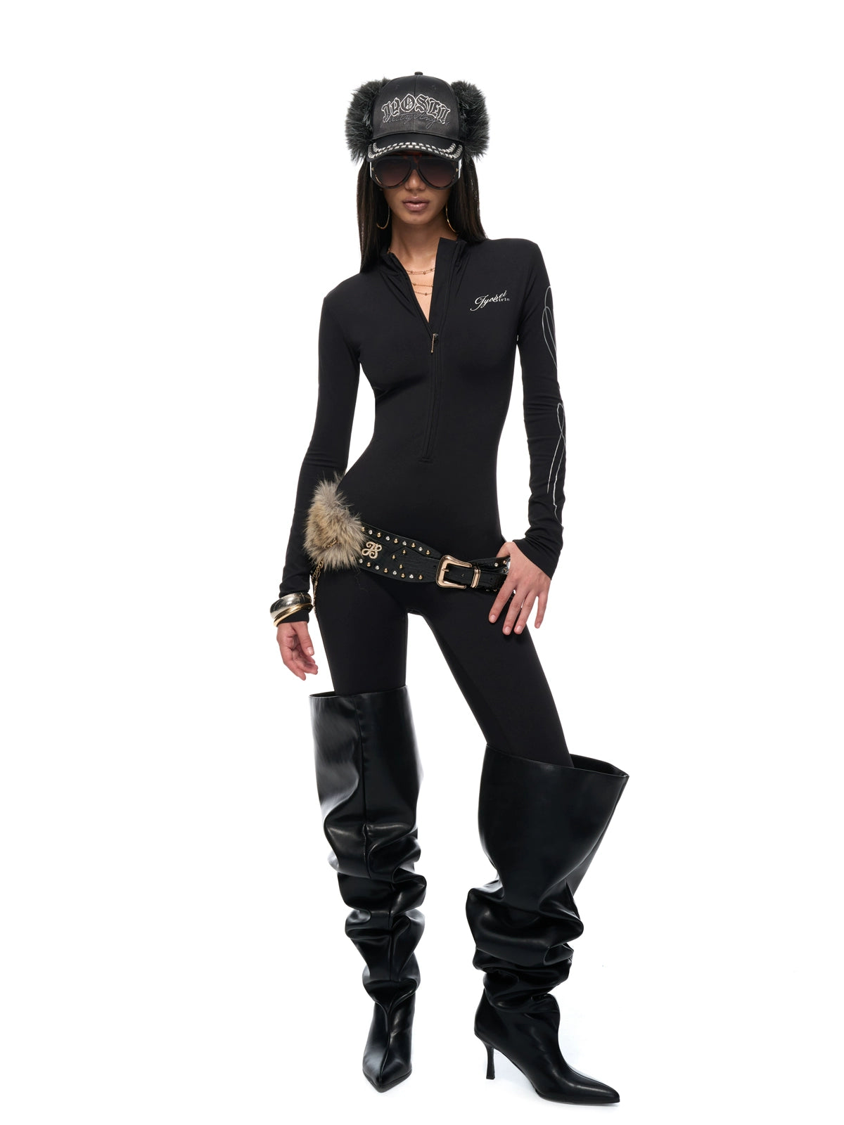 Black Fur-Trim Chain Ring Belt