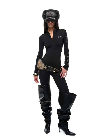 Black Fur-Trim Chain Ring Belt