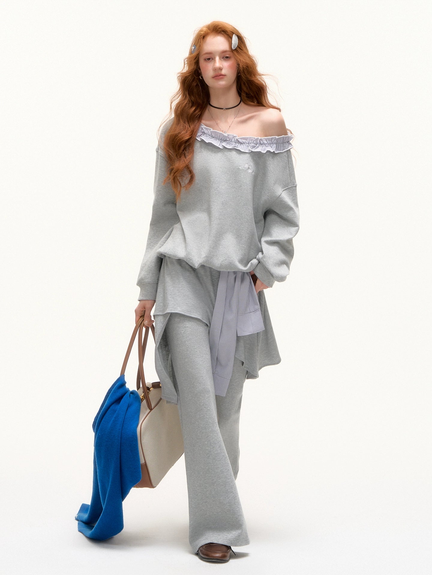 Stripe Ruffled Off-shoulder Sweatshirt