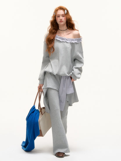 Stripe Ruffled Off-shoulder Sweatshirt