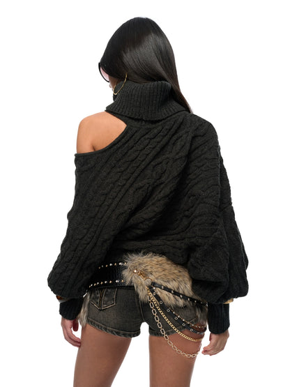 Wool-Blend Batwing Cable Knit Sweater
