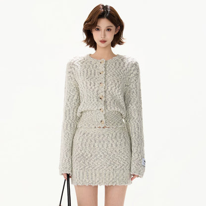 Knit Cardigan &amp; Mini Skirt Tweed-Style Set