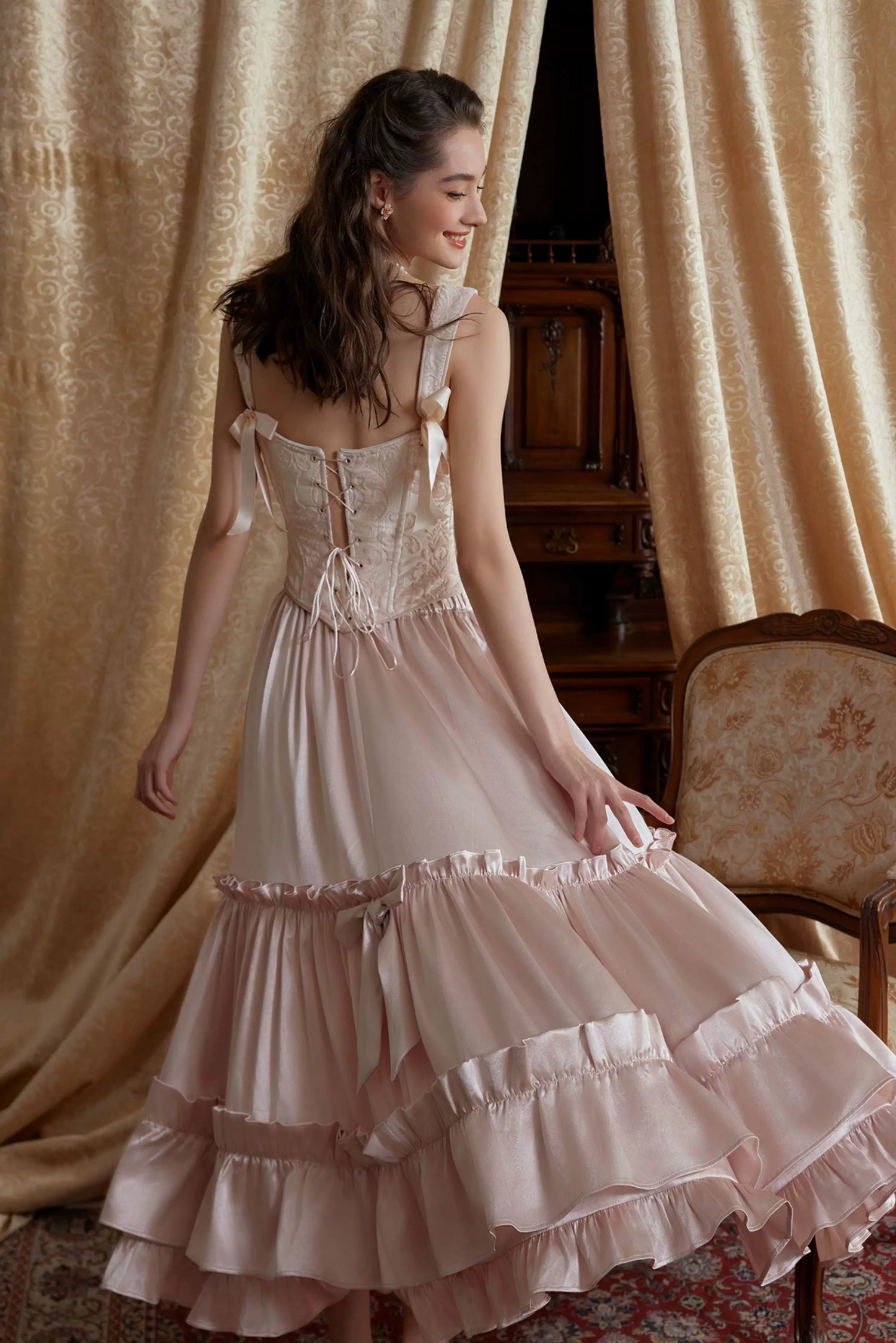 Jacquard Corset Top &amp; Satin Ruffle Skirt Set