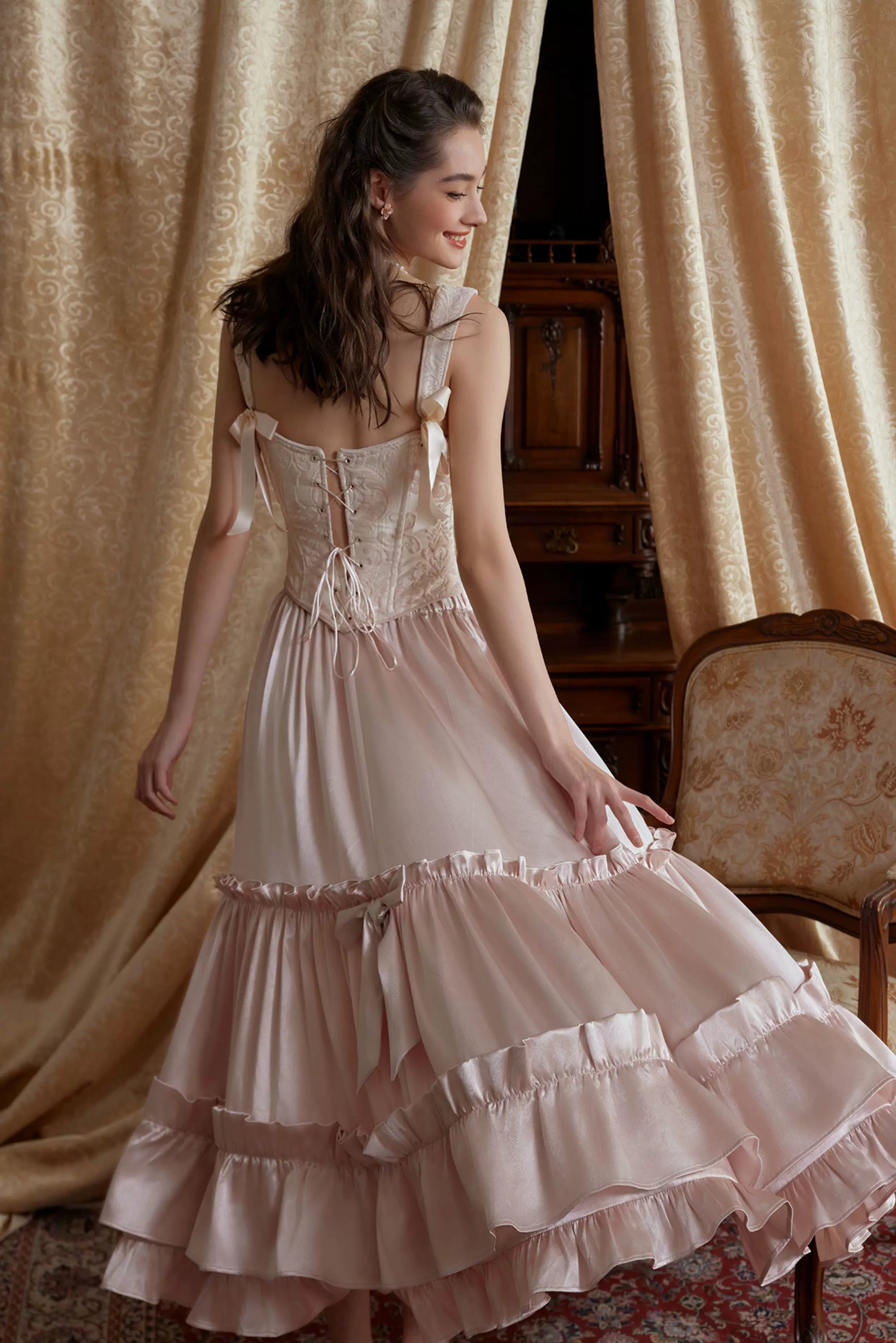 Jacquard Corset Top &amp; Satin Ruffle Skirt Set