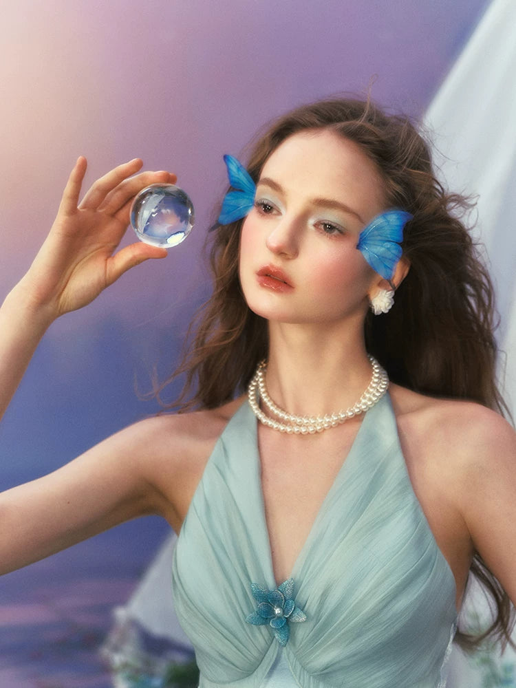 French Resort Halter Blue Floral Satin Dress