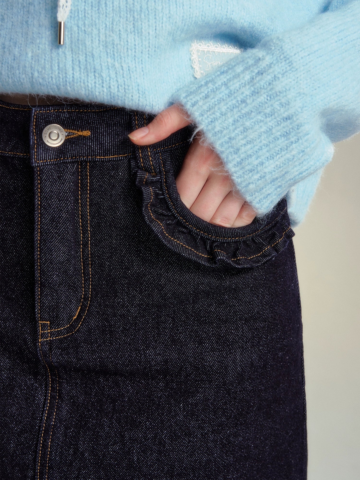 Pleated Ruffle Trim Denim Skirt