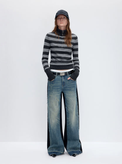 Striped Wool Blend Half-Zip Sweater