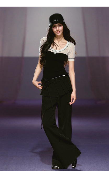 Semi-sheer Sparkly Color-block Short-sleeve Top