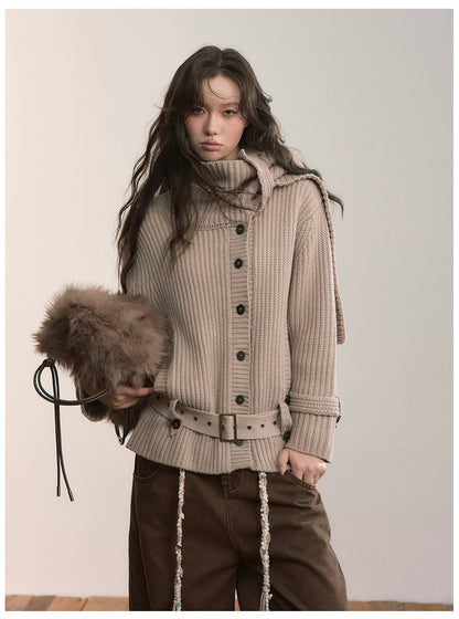 Oversized Turtleneck Cardigan with Attached Scarf