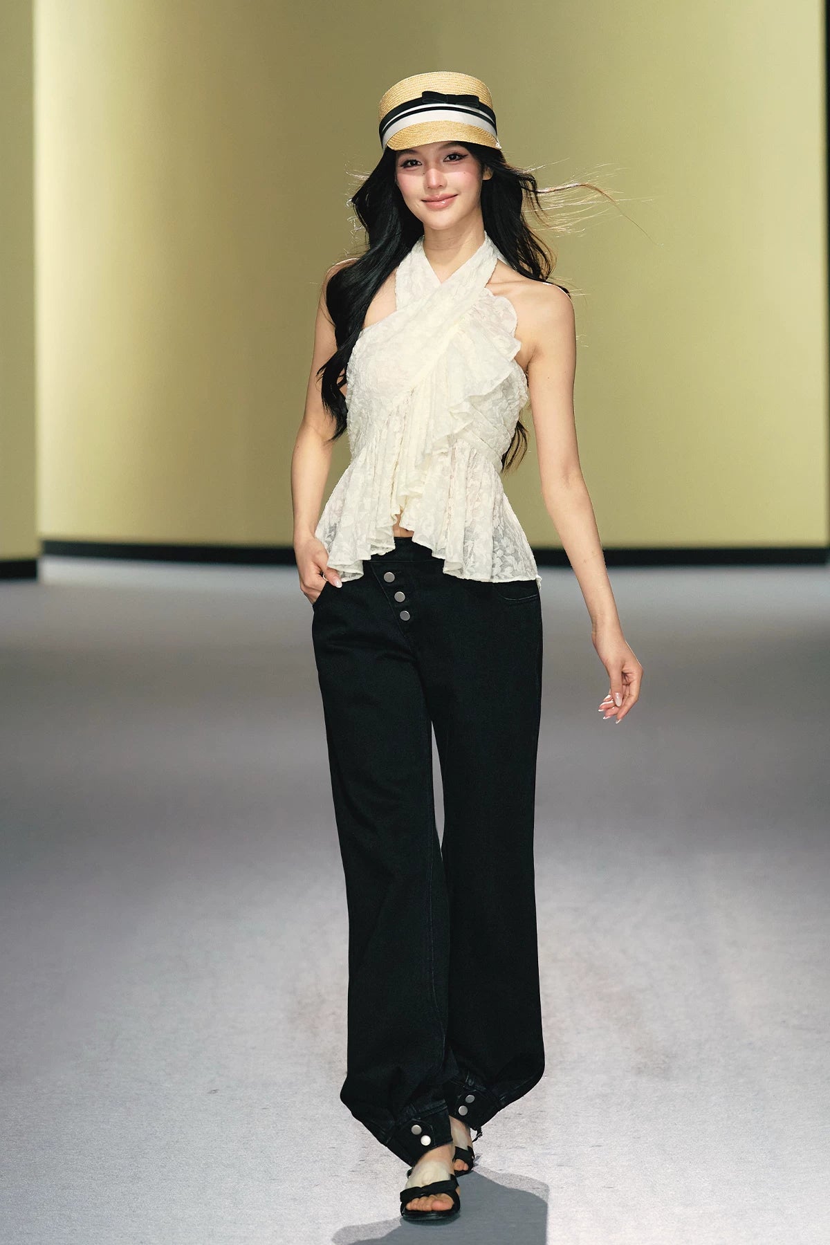 Asymmetric Placket Straight-Leg Denim Trousers