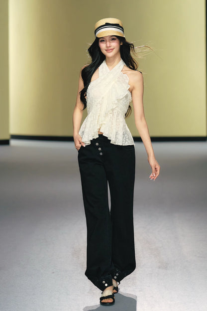 Asymmetric Placket Straight-Leg Denim Trousers