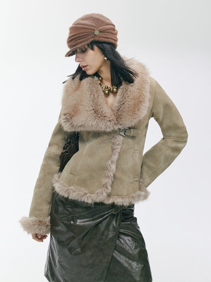 Vintage Asymmetric Shearling-Effect Suede Jacket