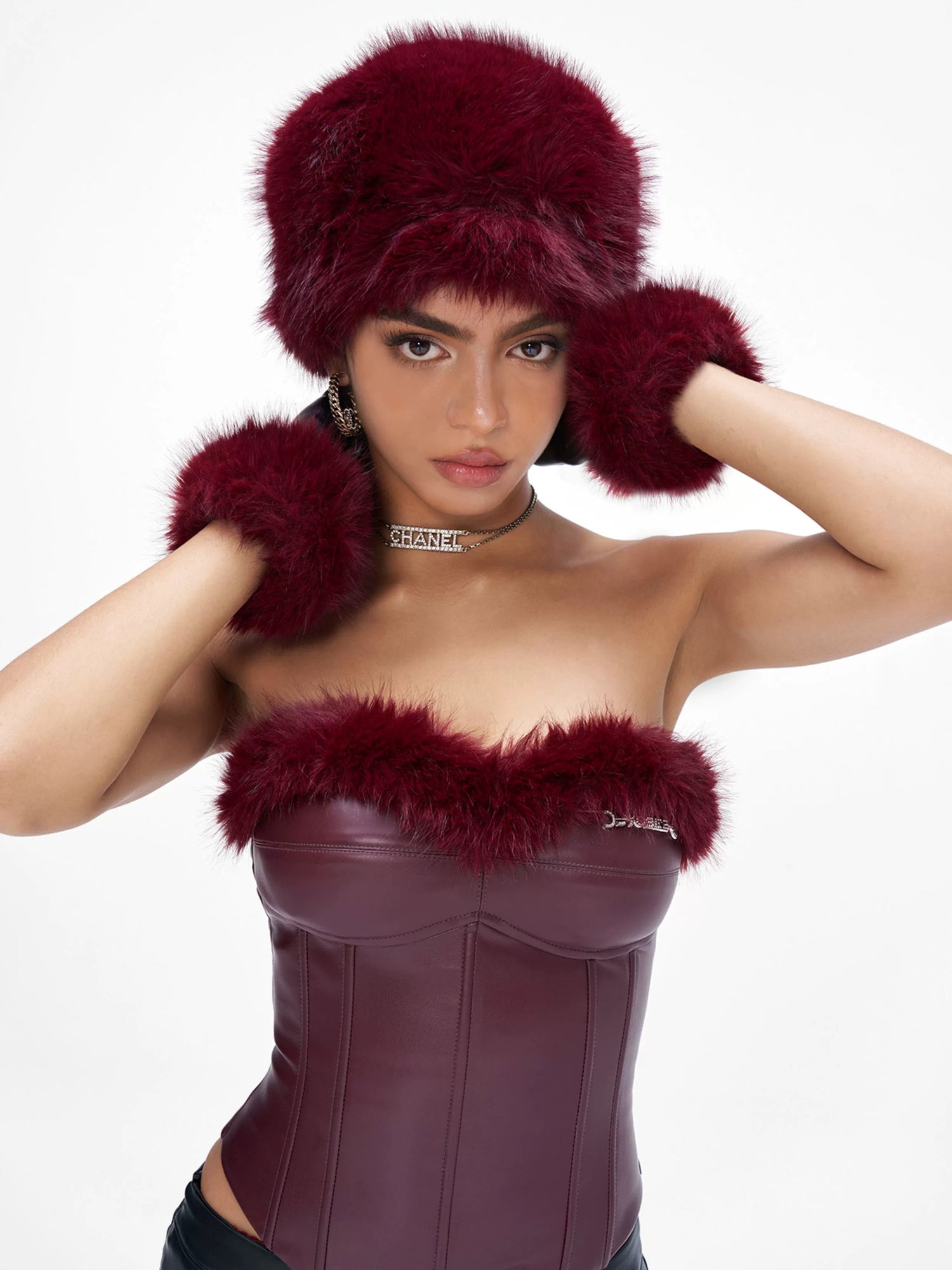 Fur Spliced Rhinestone Winter Gloves