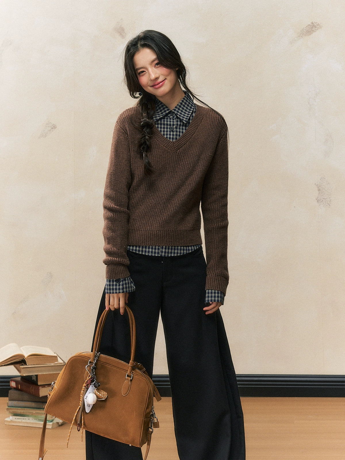 Academy Style Brown Sweater &amp; Check Shirt