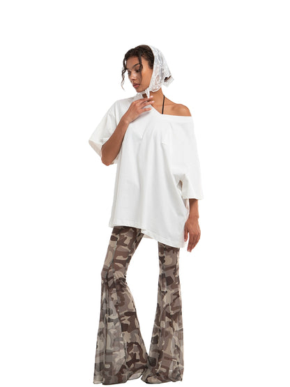 Camouflage Print Patchwork Mesh Flare Pants