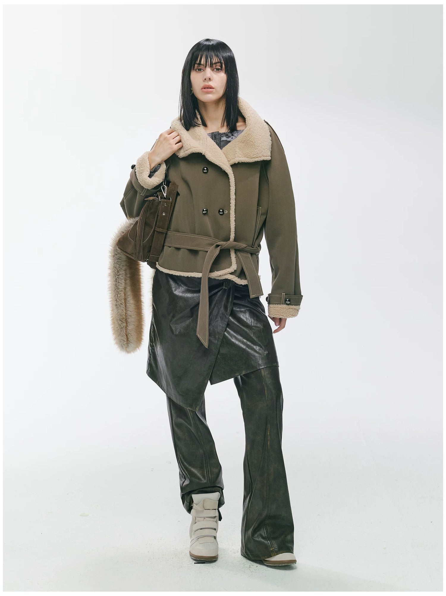 Contrast Fleece-Panelled Shearling Short Coat