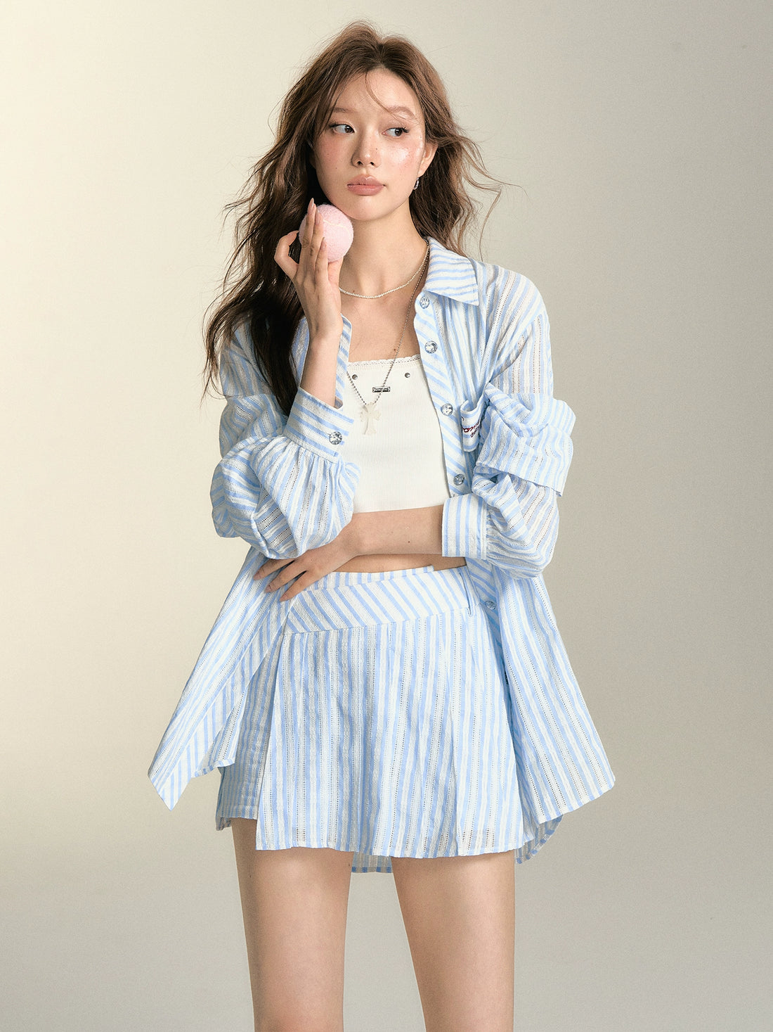Lace Hollow Striped Shirt &amp; Pleated Skirt Short Set