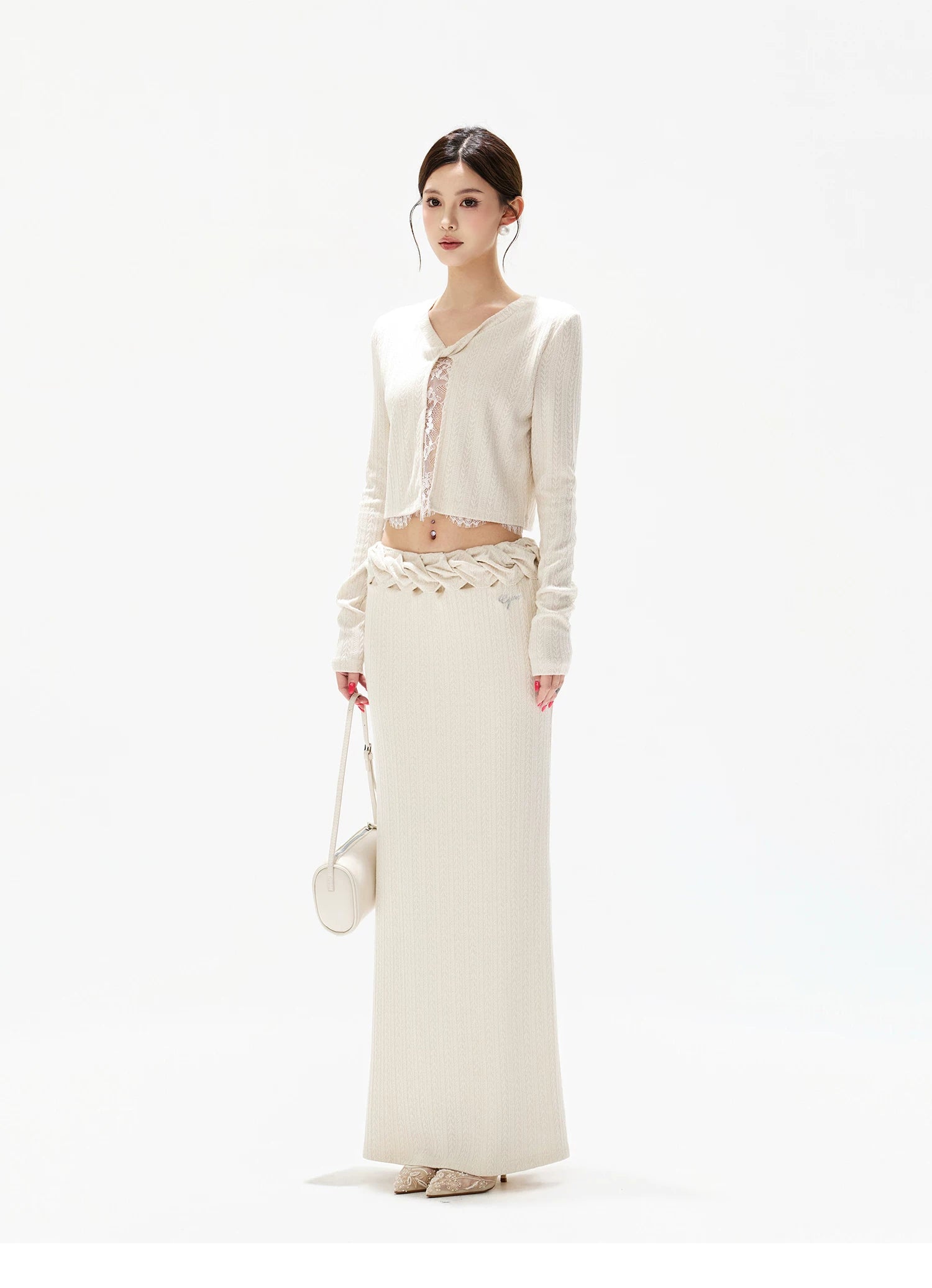 Apricot Lace Panel Knit Two-Piece Set