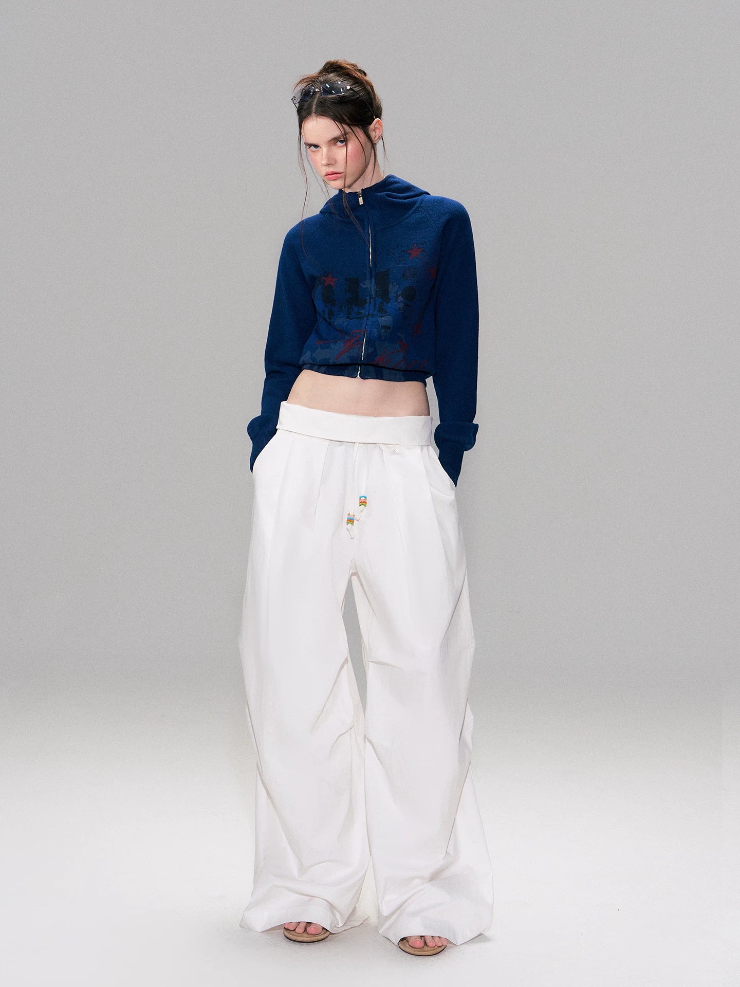 Fold-Over Waist Wide-Leg Curved Pants