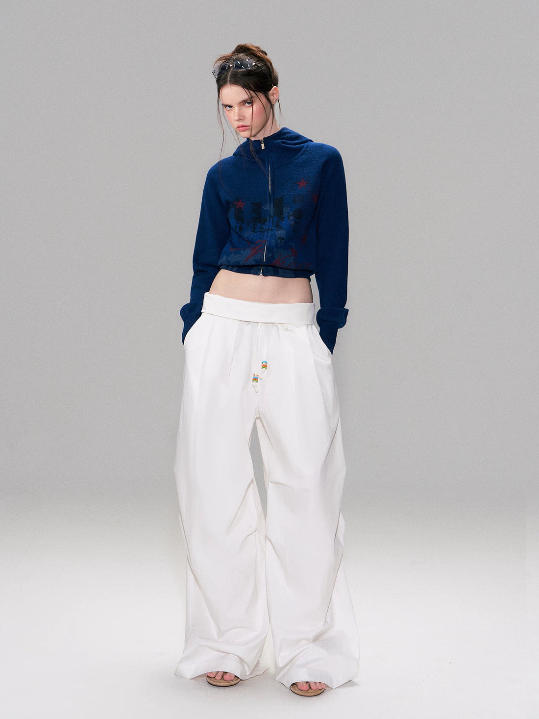 Fold-Over Waist Wide-Leg Curved Pants