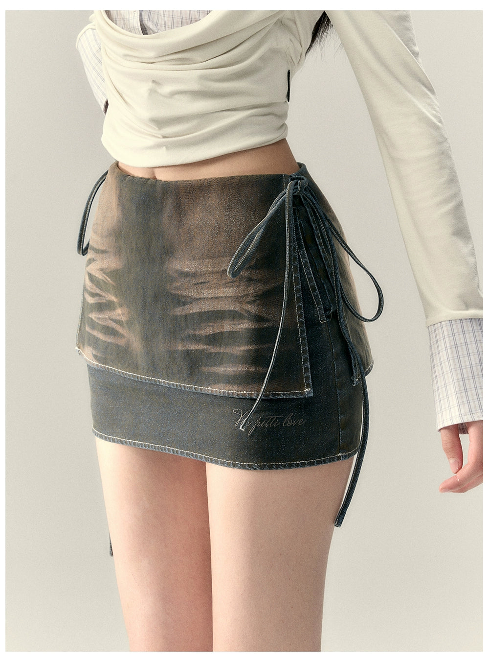 Faux Two-Piece Tie Waist Denim Skirt