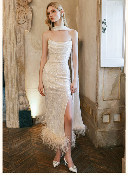 Diamond Sequin Feather Drape Tie Strapless Midi Dresse