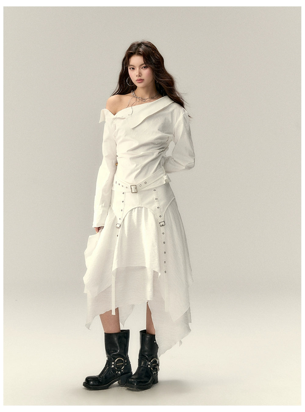 Off-Shoulder Pleated Waist Belt Short Shirt - CHINASQUAD