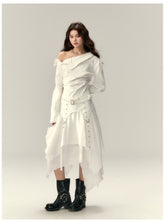 Off-Shoulder Pleated Waist Belt Short Shirt - CHINASQUAD