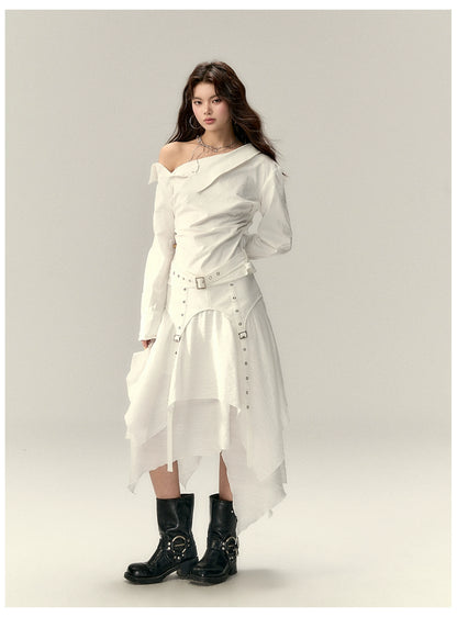 Off-Shoulder Pleated Waist Belt Short Shirt - CHINASQUAD