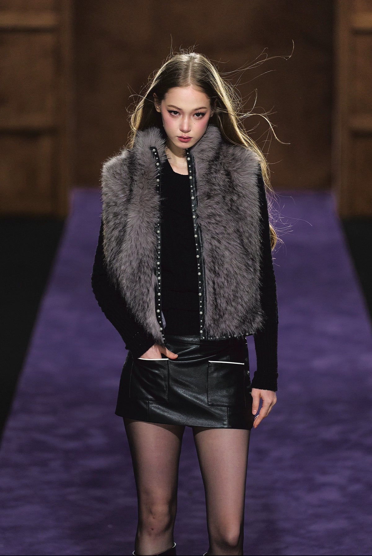 Beaded Faux Fur Layered Vest