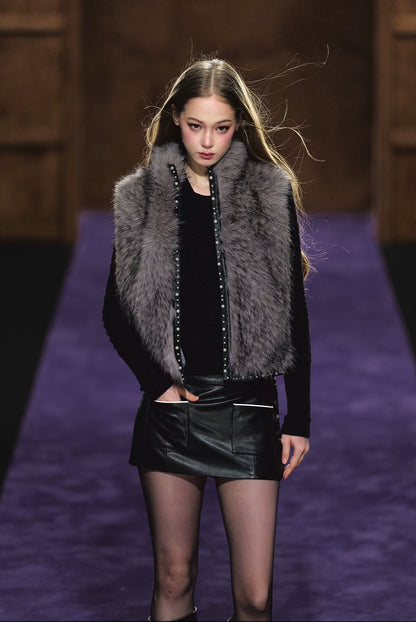 Beaded Faux Fur Layered Vest