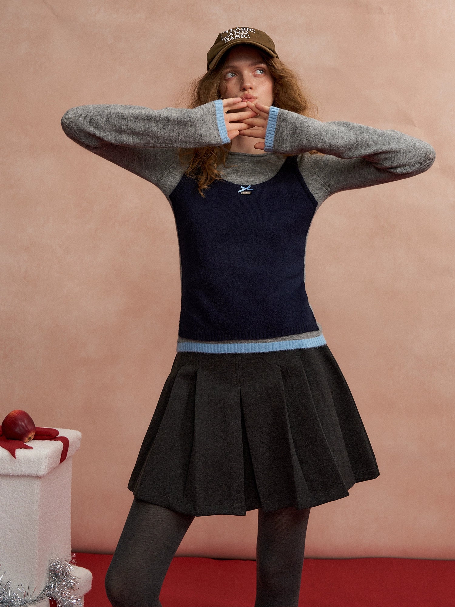 Contrast-Layered Long-Sleeve Knit Turtleneck