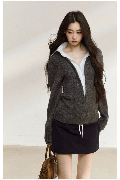Gray Wool-Blend Layered Knit V-neck