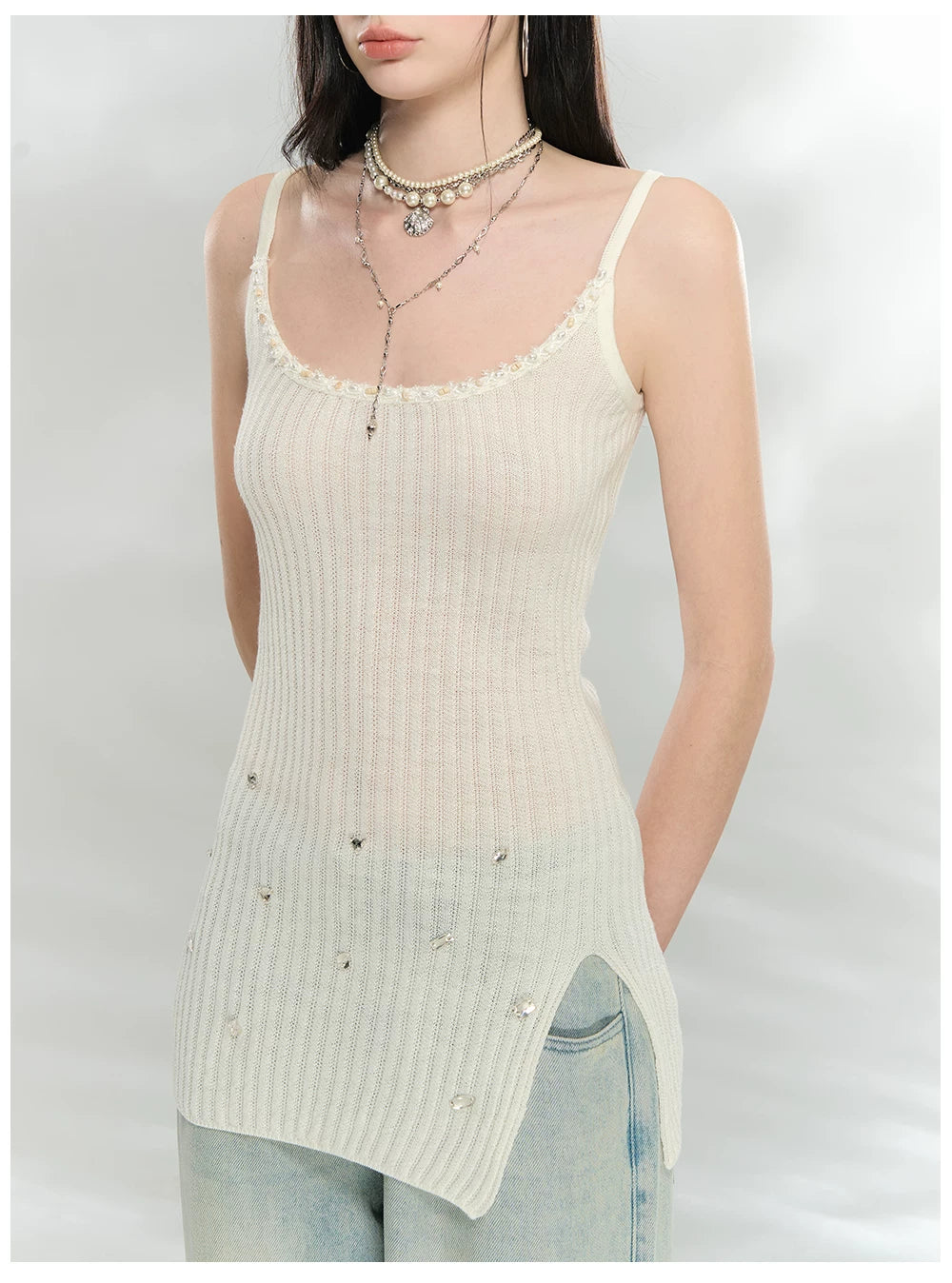 Crystal-Embellished Ribbed Knit Side-Slit Camisole Dress