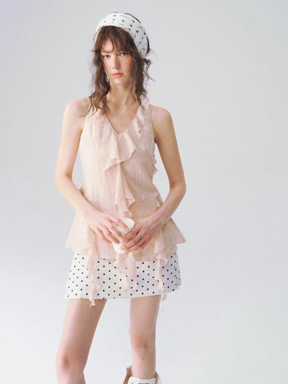 Elegant Linen-Blend Ruffled Halter V-Neck Top